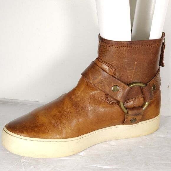 Frye Women’s Lena US6,5 Cognac Brown Leather Back Zip Harness Ankle Boots - Picture 6 of 16